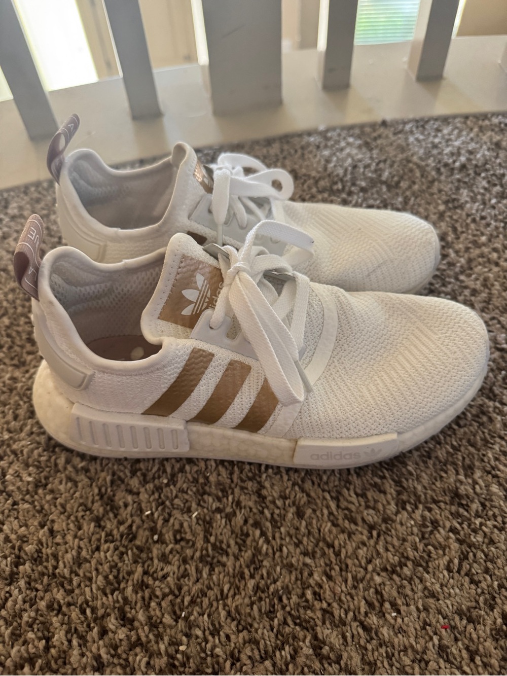 adidas NMD R1 White Sneakers with Gold metallic Accent Stripes - Picture 4 of 6